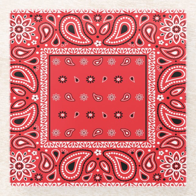 Red bandanna paisley bandanas country rap hip hop  glass coaster (Front)