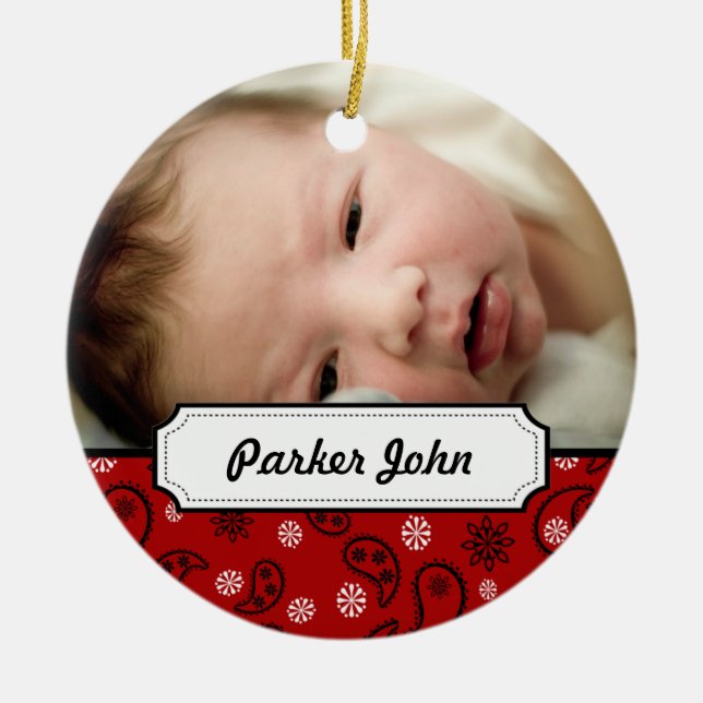 Red Bandanna Paisley Photo Christmas Tree Ornament (Front)