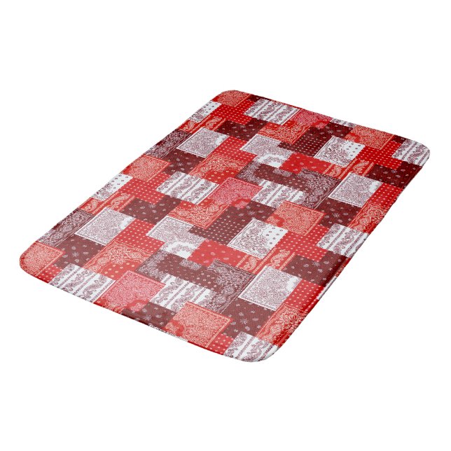 Red Bandanna Patchwork Paisley Sewing Pattern Bath Mat (Angled)