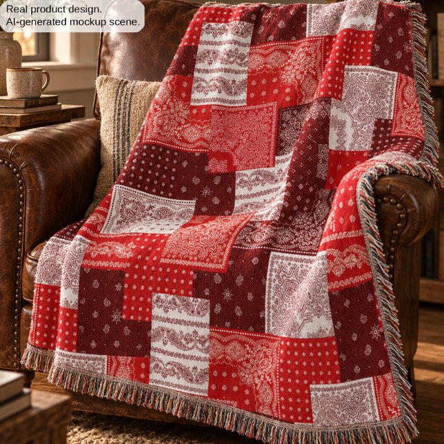 Red Bandanna Patchwork Paisley Sewing Pattern Throw Blanket (Creator Uploaded)