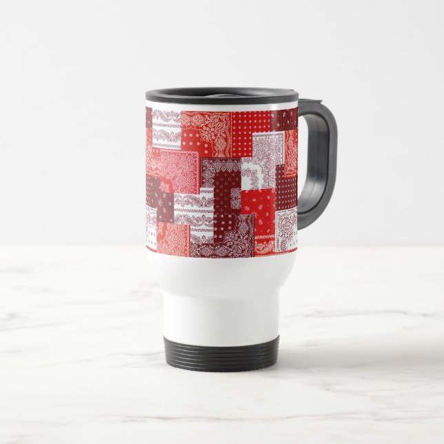 Red Bandanna Patchwork Paisley Sewing Pattern Travel Mug (Front Right)