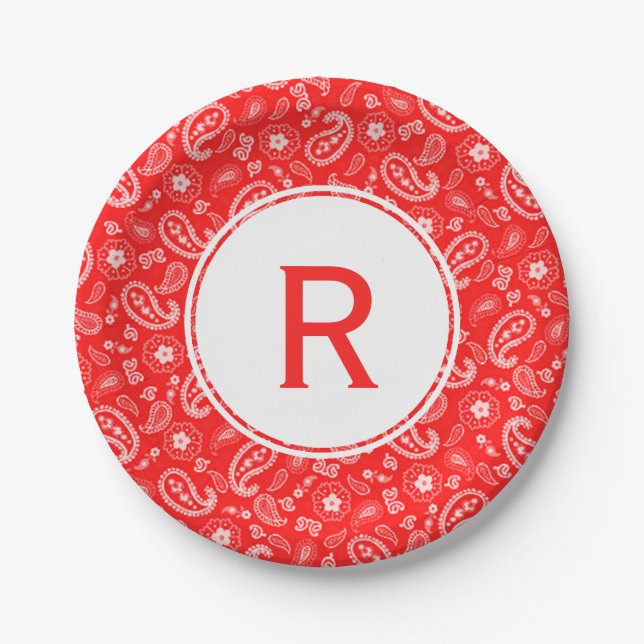 Red Bandanna Pattern & Monogram Paper Plate (Front)