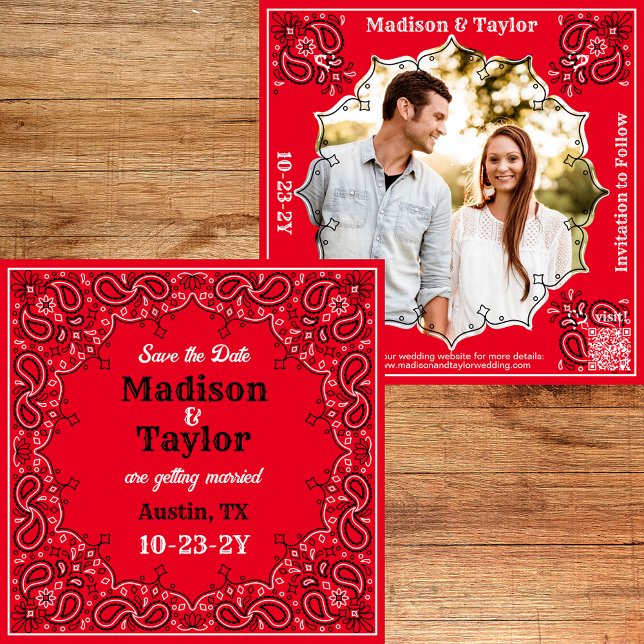 Red Bandanna Photo Flat Save The Date Card (Classic red bandana Save the Date with your photo and a QR code.)