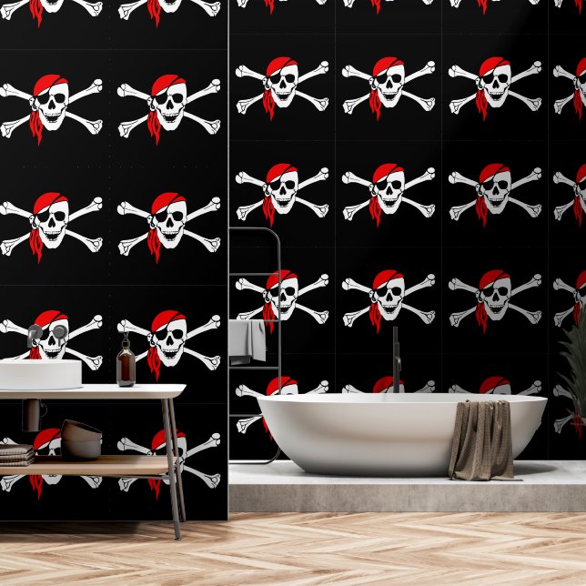 Red Bandanna Pirate Flag Black Wallpaper (Bathroom)