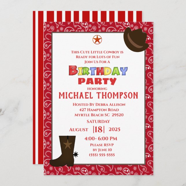 Red Bandanna Western Cowboy Birthday Invitation (Front/Back)