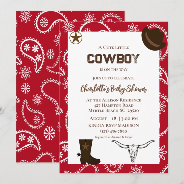 Red Bandanna Western Cowboy Birthday Invitation (Front/Back)