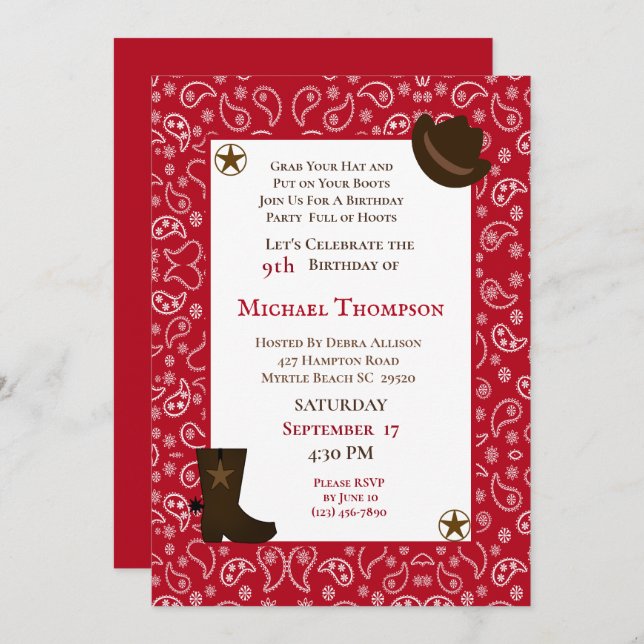 Red Bandanna Western Cowboy Birthday Invitation (Front/Back)
