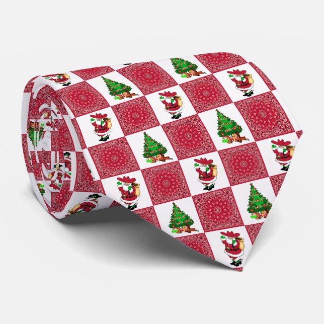 Red Bandanna With Cowboy Santa Holiday Necktie (Rolled)