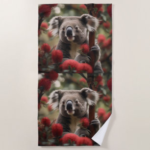 Red Banksia Tree With Koala Bear, Beach Towel