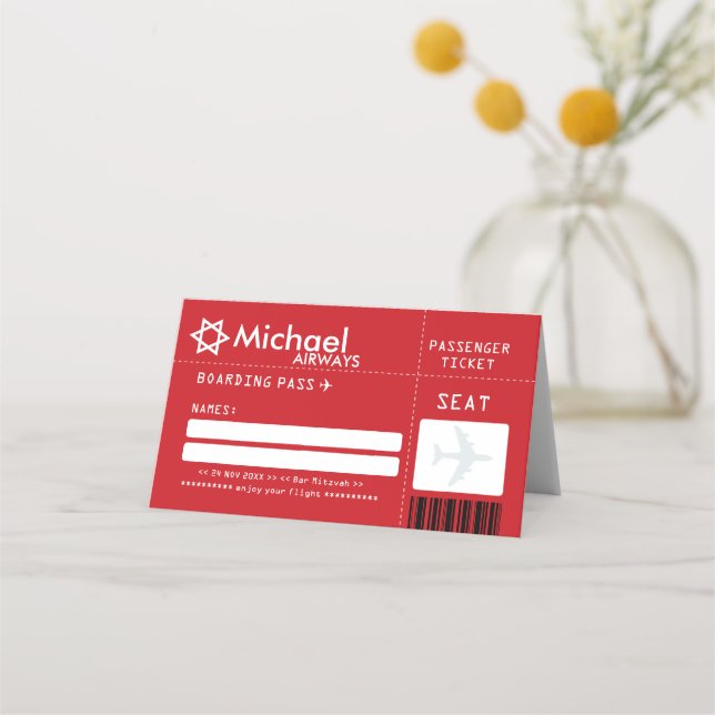 Red Bar Mitzvah Airline Ticket Place Card (Front)