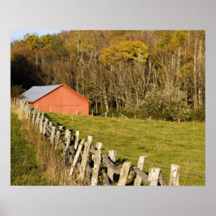 Red barn and fencerow along the Blue ridge Poster