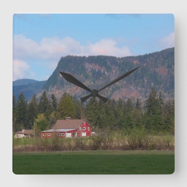 Red Barn and Mount Enumclaw Square Wall Clock (Front)