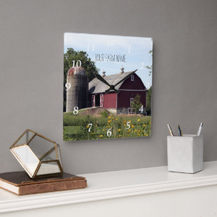 Red Barn and Silo Square Wall Clock