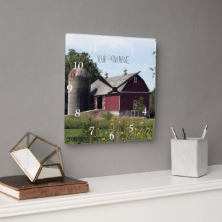 Red Barn and Silo Square Wall Clock