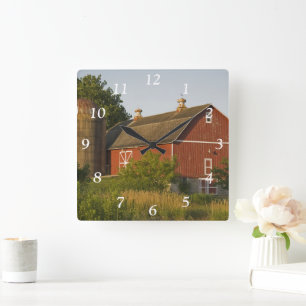 Red Barn and Silo Square Wall Clock