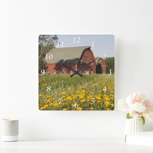 Red Barn and Yellow Wildflowers Square Clock (Home)