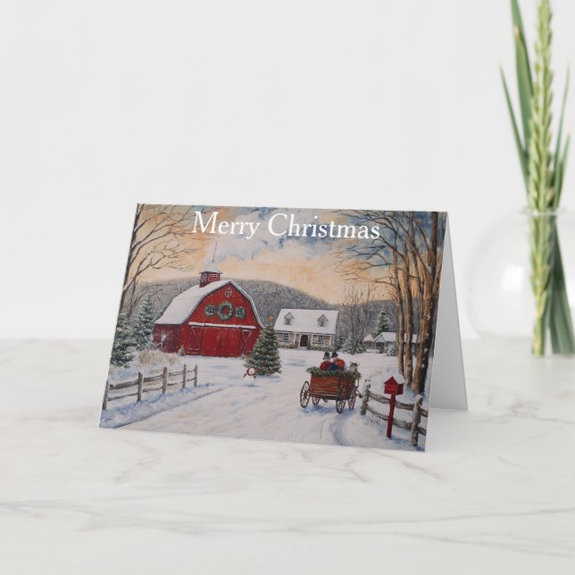 Red Barn at Christmas Holiday Card (Front)