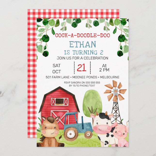 Red Barn Blue Tractor Farm Farmyard Birthday Invitation (Front/Back)