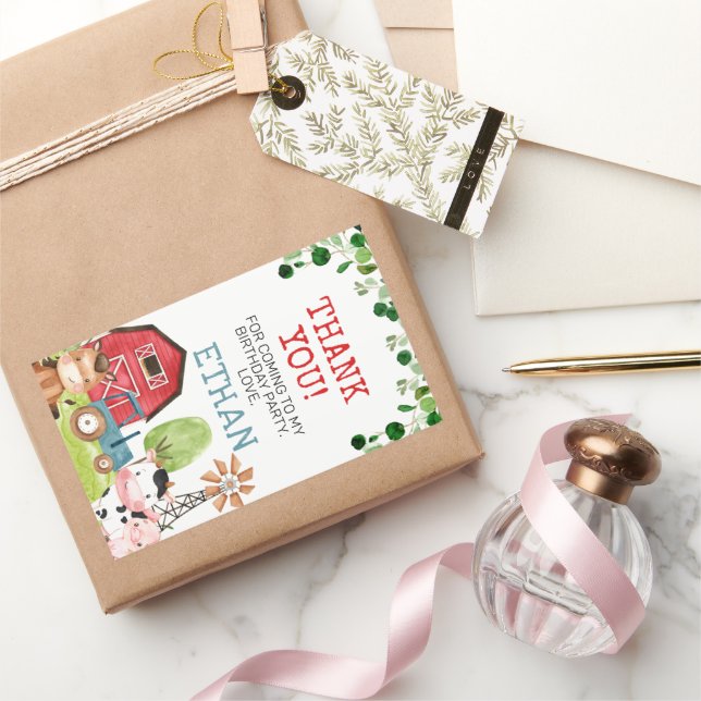 Red Barn Blue Tractor Farm Farmyard Birthday Rectangular Sticker (Gifting)