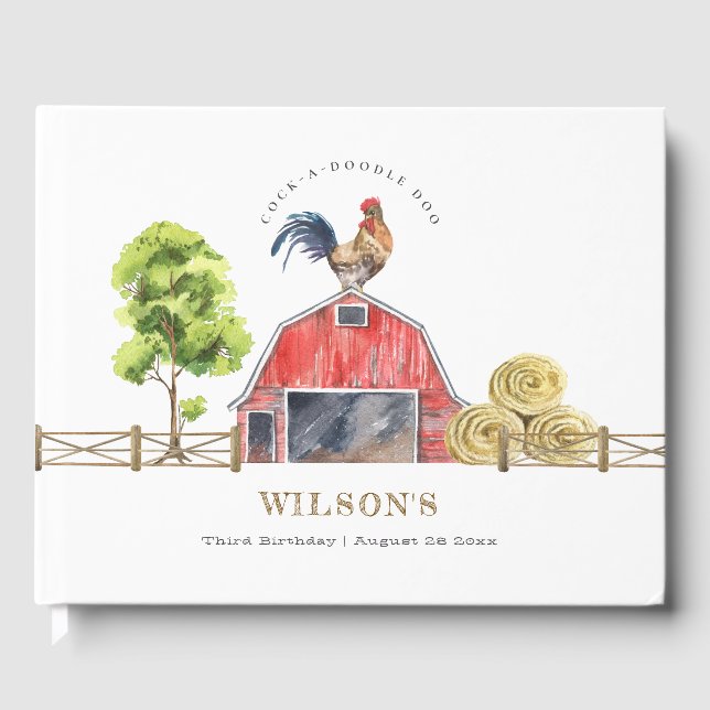 Red Barn Chicken Farm Watercolor Kids Birthday Guest Book (Front)