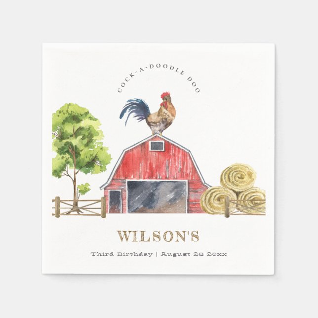 Red Barn Chicken Farm Watercolor Kids Birthday Napkin (Front)