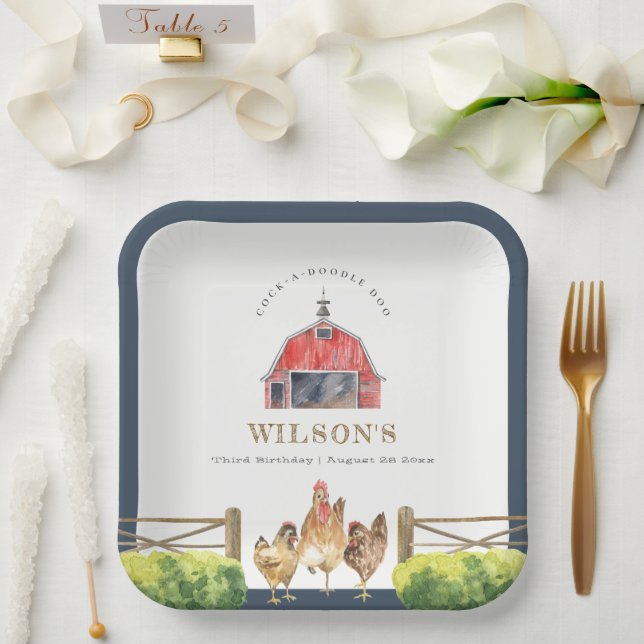 Red Barn Chicken Farm Watercolor Kids Birthday Paper Plate (Wedding)