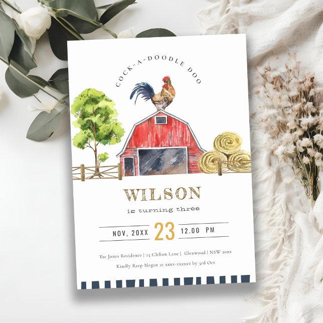 Red Barn Chicks Farm Watercolor Birthday Invite (Creator Uploaded)