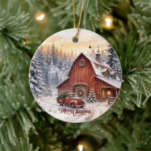 Red Barn Christmas Photo Ornament