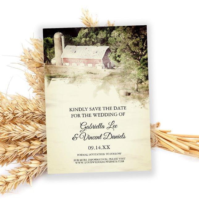 Red Barn Country Farm Wedding Watercolor Save Date Invitation (Creator Uploaded)