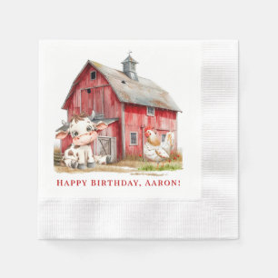 Red Barn Cute Cow and Chicken Boy Birthday Party Napkin
