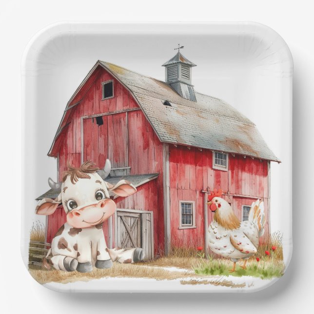 Red Barn Cute Cow and Chicken Boy Birthday Party Paper Plate (Front)