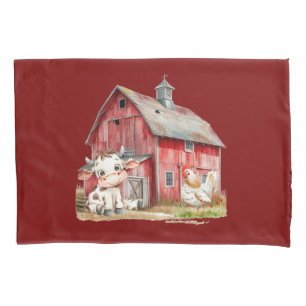 Red Barn Cute Cow Chicken Boy Birthday Party Gift Pillowcase