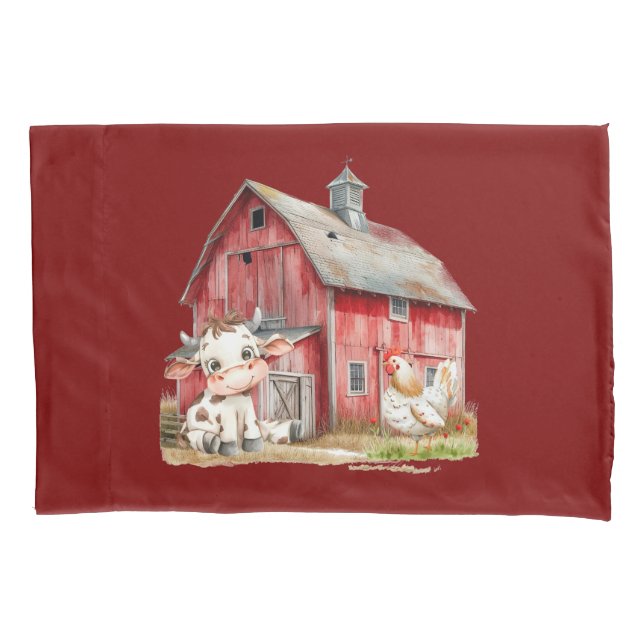 Red Barn Cute Cow Chicken Boy Birthday Party Gift Pillowcase (Front)