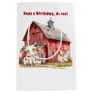 Red Barn Cute Cow Chicken Boy Birthday Party  Medium Gift Bag