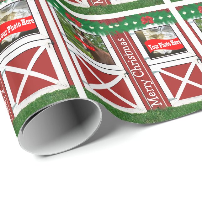 Red Barn Door  2 Photo Custom Country Holiday Wrapping Paper (Roll Corner)