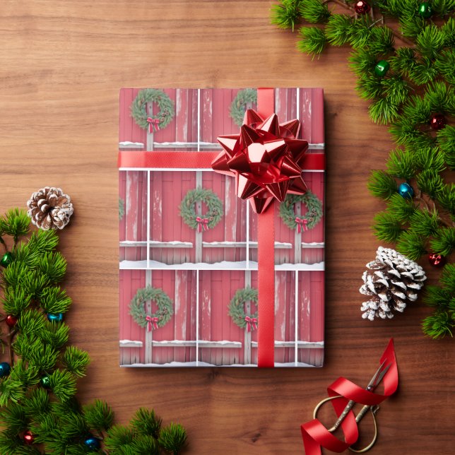 Red Barn Door With Christmas Pine Wreath Wrapping Paper (Holiday Gift)