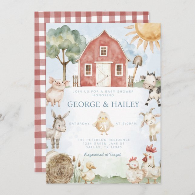 Red Barn Farm Animal Baby Shower Invitation (Front/Back)