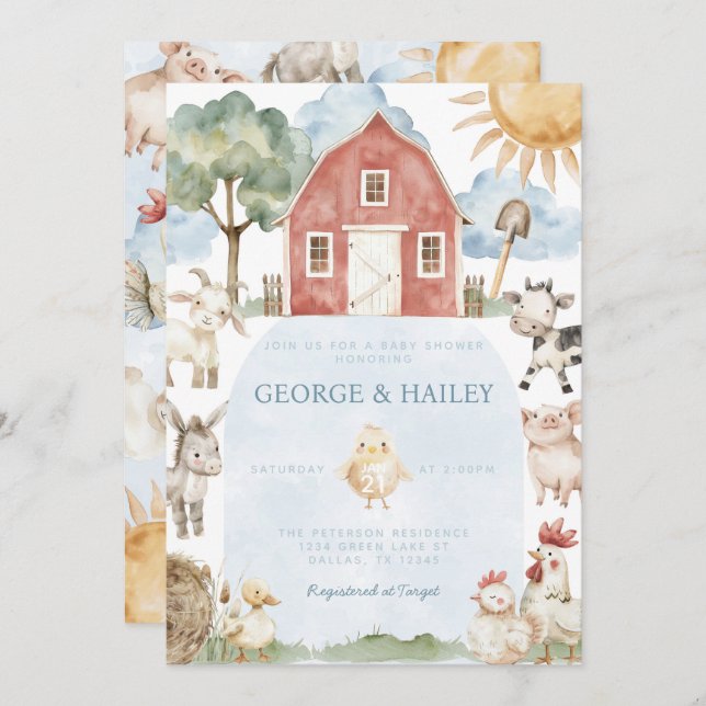 Red Barn Farm Animal Baby Shower Invitation (Front/Back)