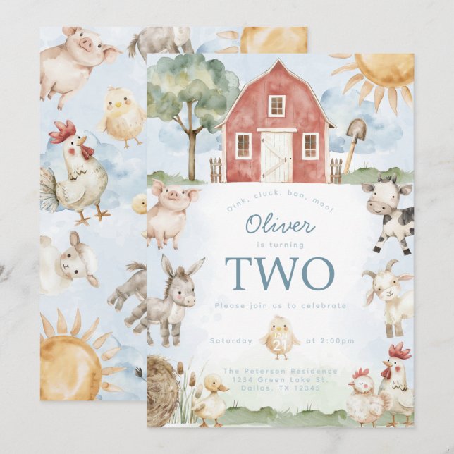 Red Barn Farm Animal Birthday Party Invitation (Front/Back)