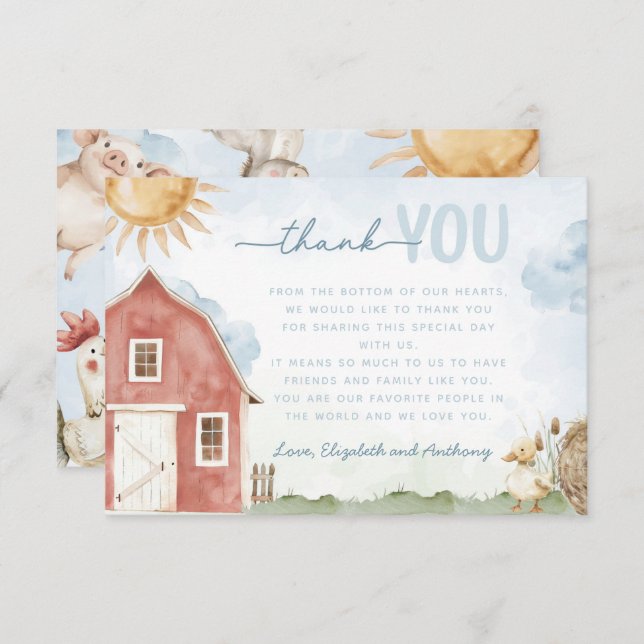 Red Barn Farm Animal Thank You Card Letter Note (Front/Back)