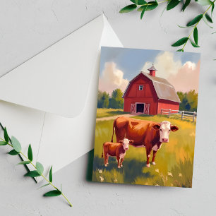 Red Barn Farm Animals Cow Painting Postcard