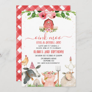 Red Barn Farm Animals Foliage Birthday Invitation