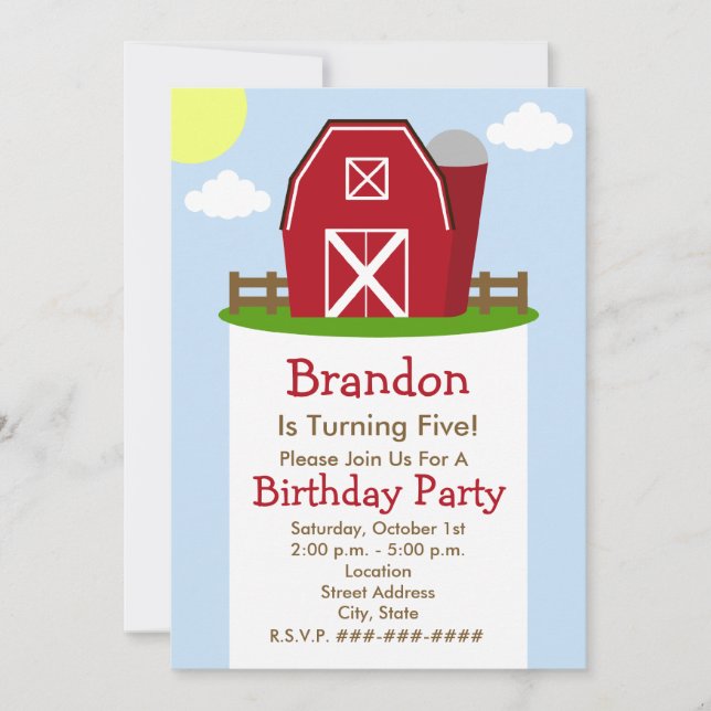 Red Barn Farm Birthday Party Invitation (Front)