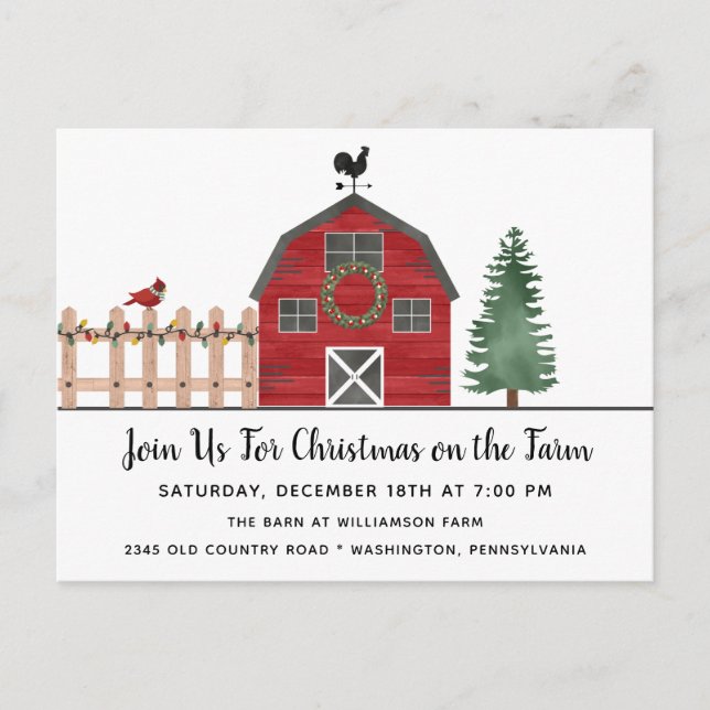 Red Barn Farm Rustic Christmas Party Invitation (Front)