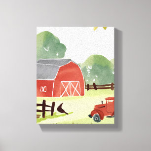 Red Barn   Farm Watercolor Tractor Painting Canvas Print