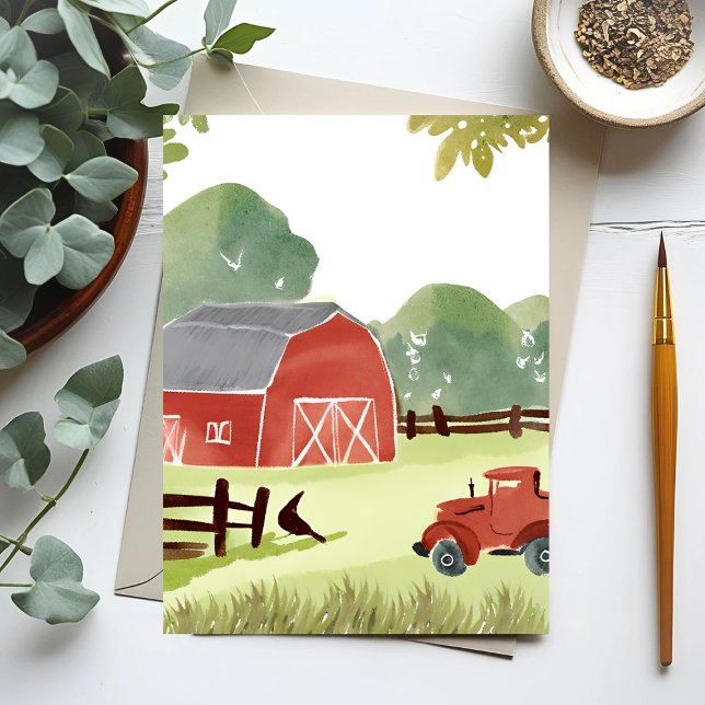 Red Barn | Farm Watercolor Tractor Painting Postcard (Creator Uploaded)