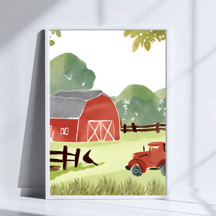 Red Barn   Farm Watercolor Tractor Painting Poster