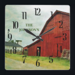 Red Barn in Scenic Rural Farm Country Landscape Square Wall Clock<br><div class="desc">I love this photo and this barn. Photo taken of an old barn in Clinton, GA -- my friend's home town. I have the photo on the wall in my living room in New York City -- so it doesn't matter where you live, if you fall in love with this...</div>