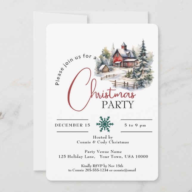 RED BARN IN SNOW, CHRISTMAS PARTY INVITATION (Front)