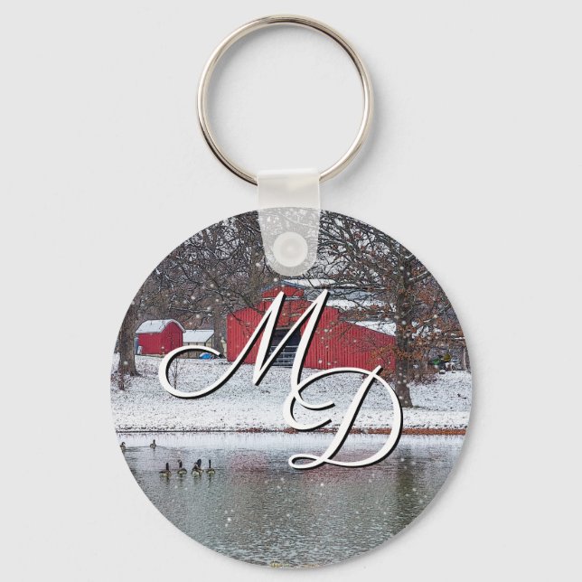 Red Barn In Snow Painterly Keychain (Front)